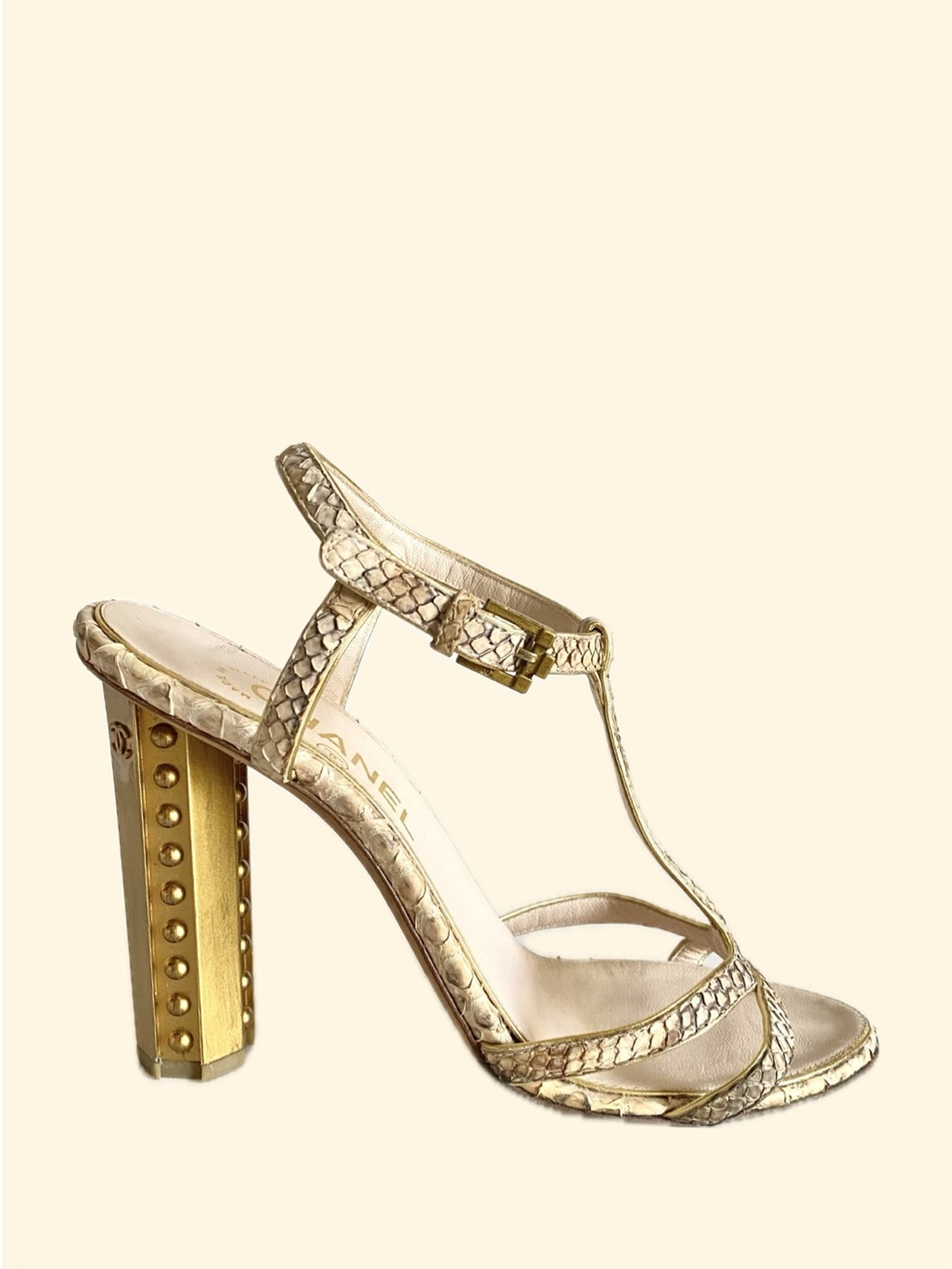 Chanel Python T-Strap Sandals 39.5 Gold Studded CC Column‎ Heels Made in Italy